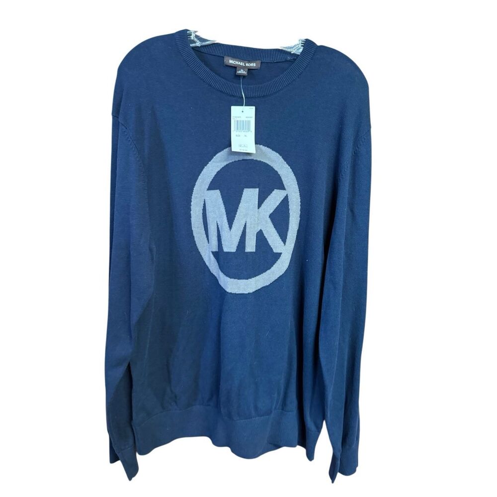 Michael Kors  Navy Cotton crewneck sweater grey "MK" logo Sz XL NWT